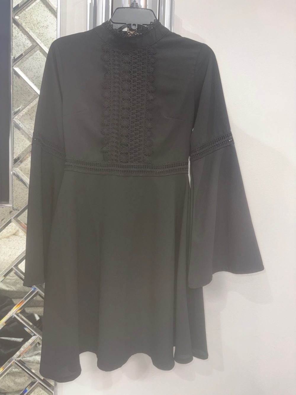 Forever 21 Black high neck Lace-crochet Detail Long bell Sleeve Dress